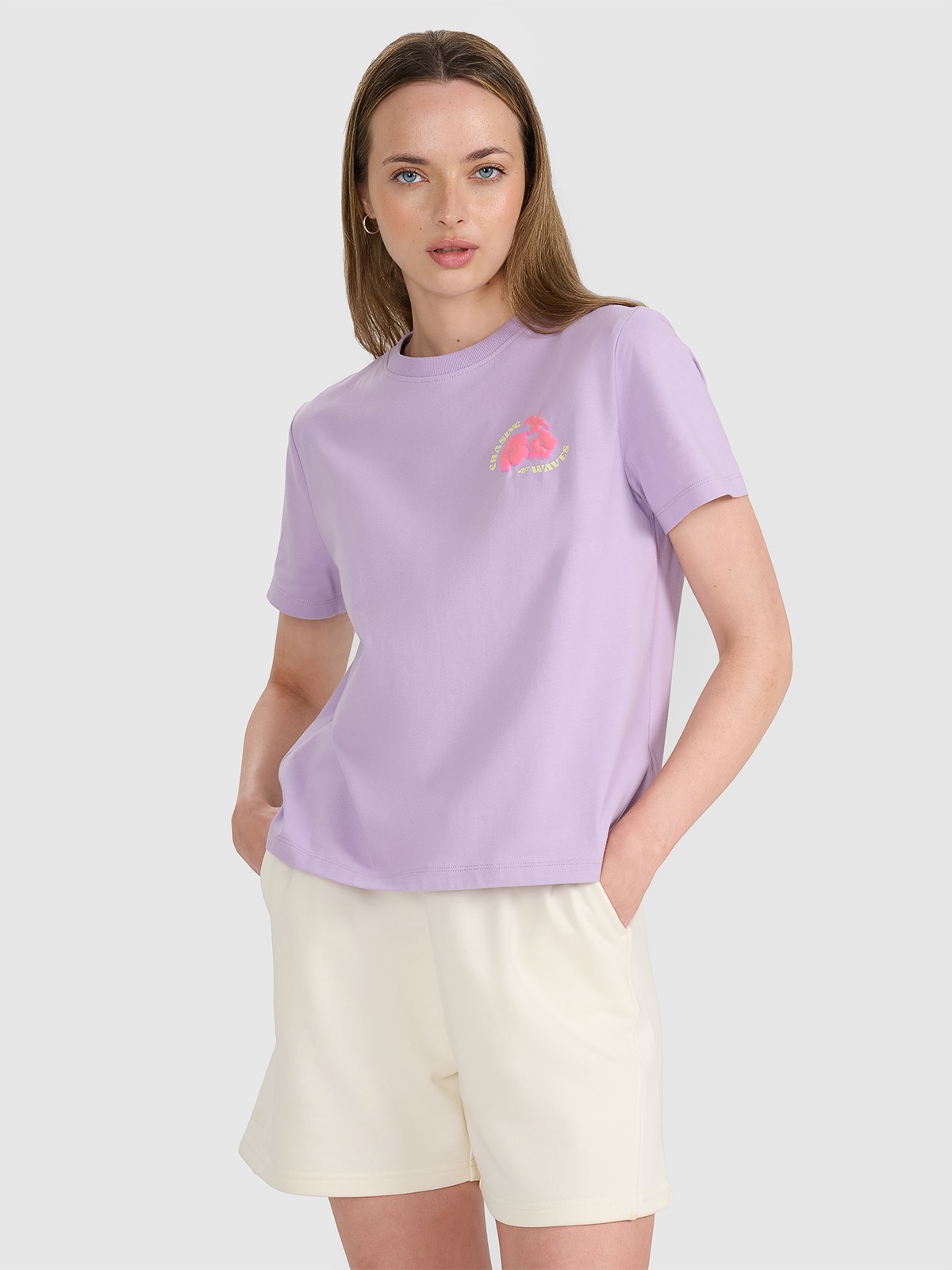 4F T-shirt oversize z nadrukiem damski - fioletowy XL