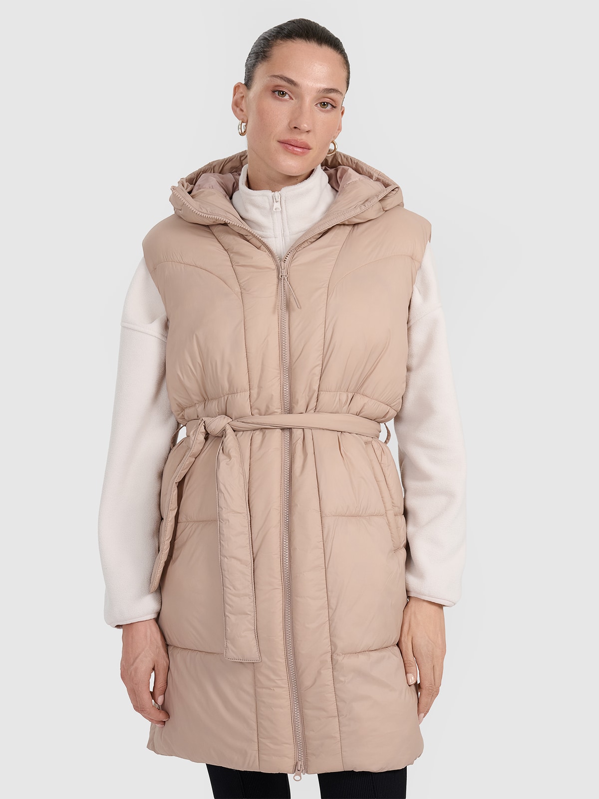 4F Długi bezrękawnik puchowy z wypełnieniem syntetycznym damski - beżowy XL