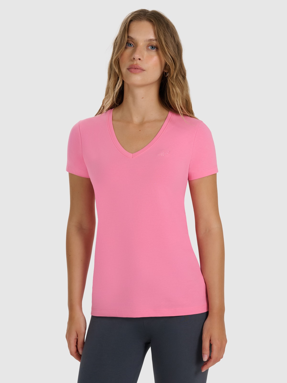 4F T-shirt slim gładki damski - różowy L