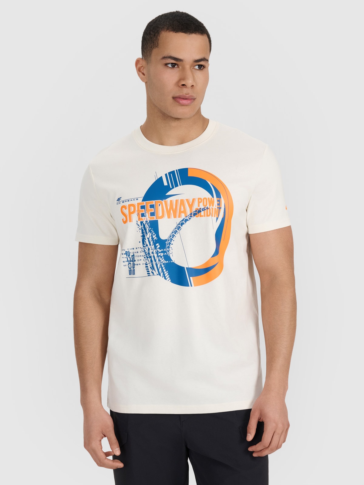 4F T-shirt regular z nadrukiem męski - beżowy S