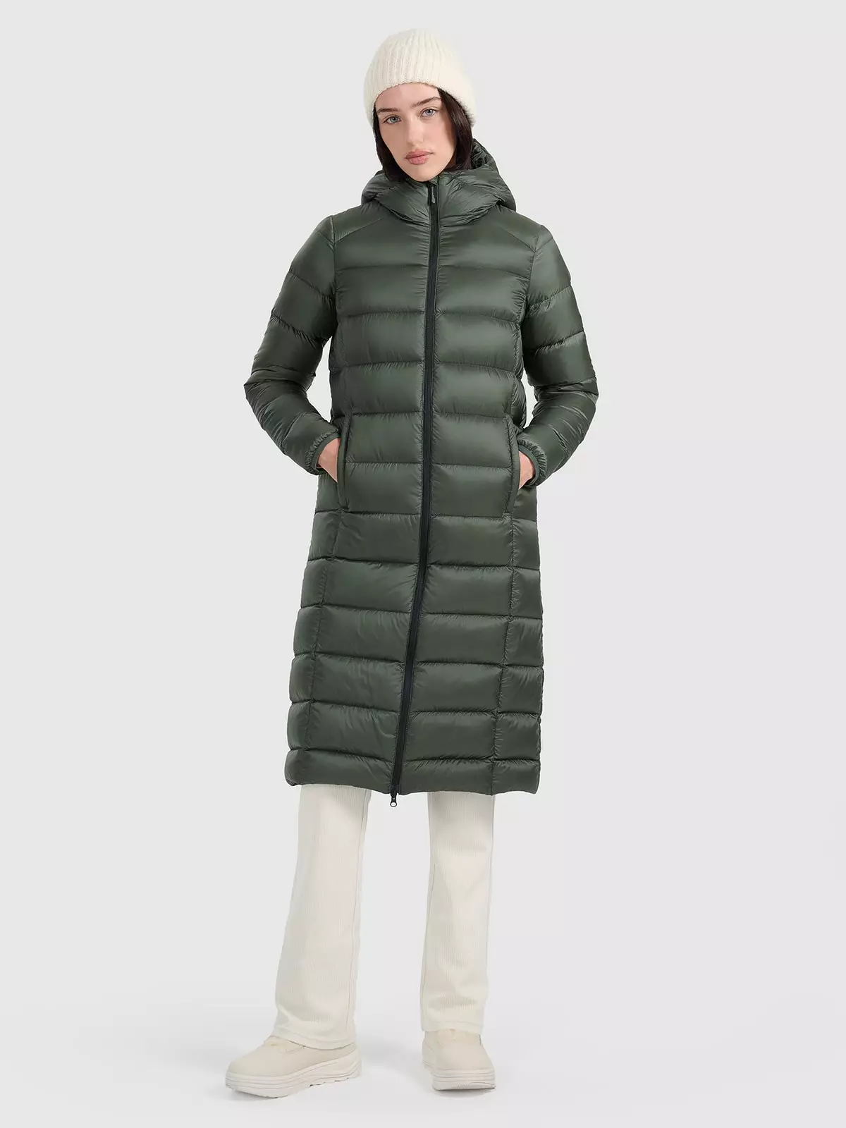 4F Płaszcz puchowy z wypełnieniem naturalnym damski - khaki M