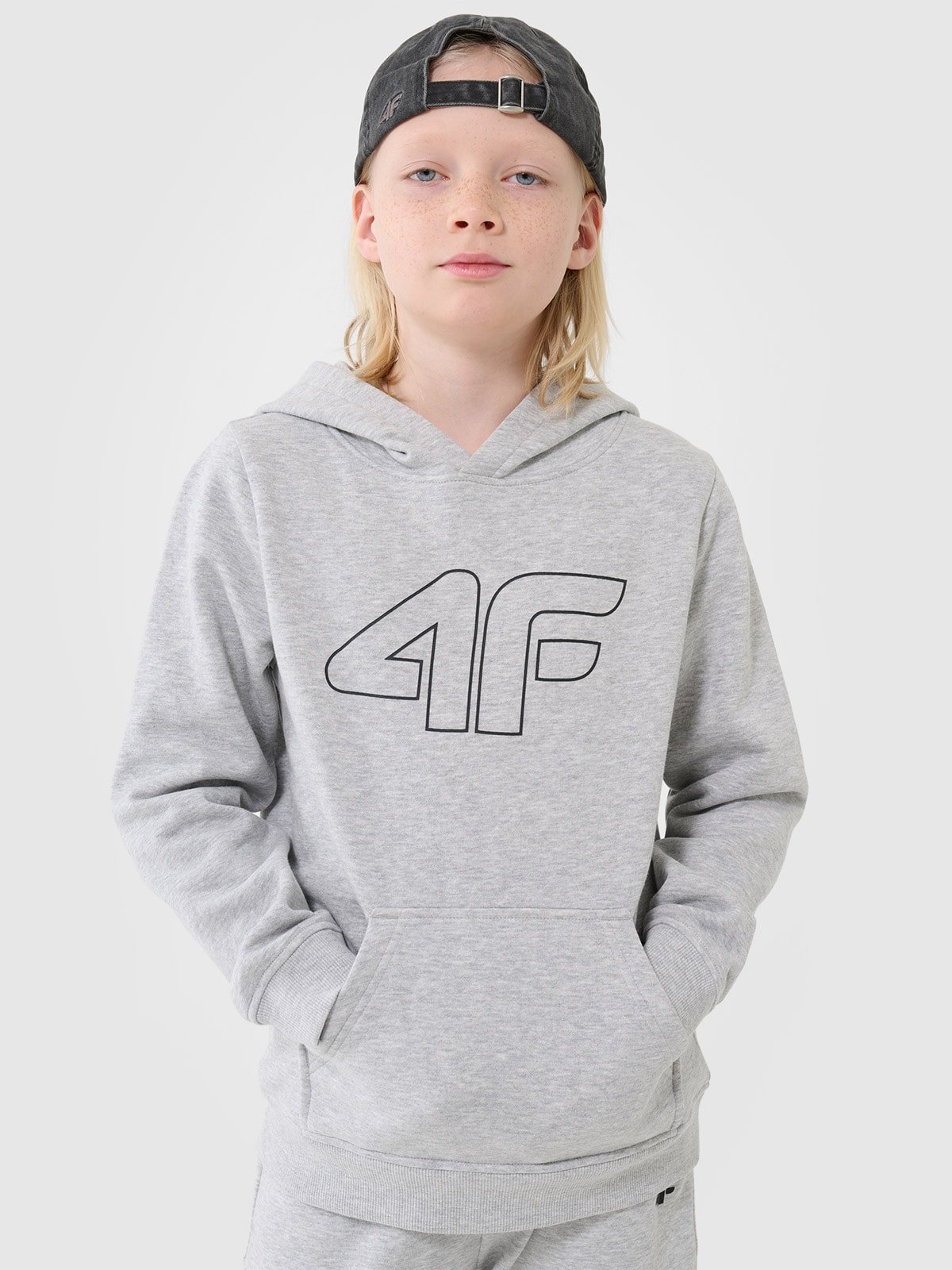 4F Bluza dresowa nierozpinana z kapturem chłopięca - szara 152 (11-12 lat)