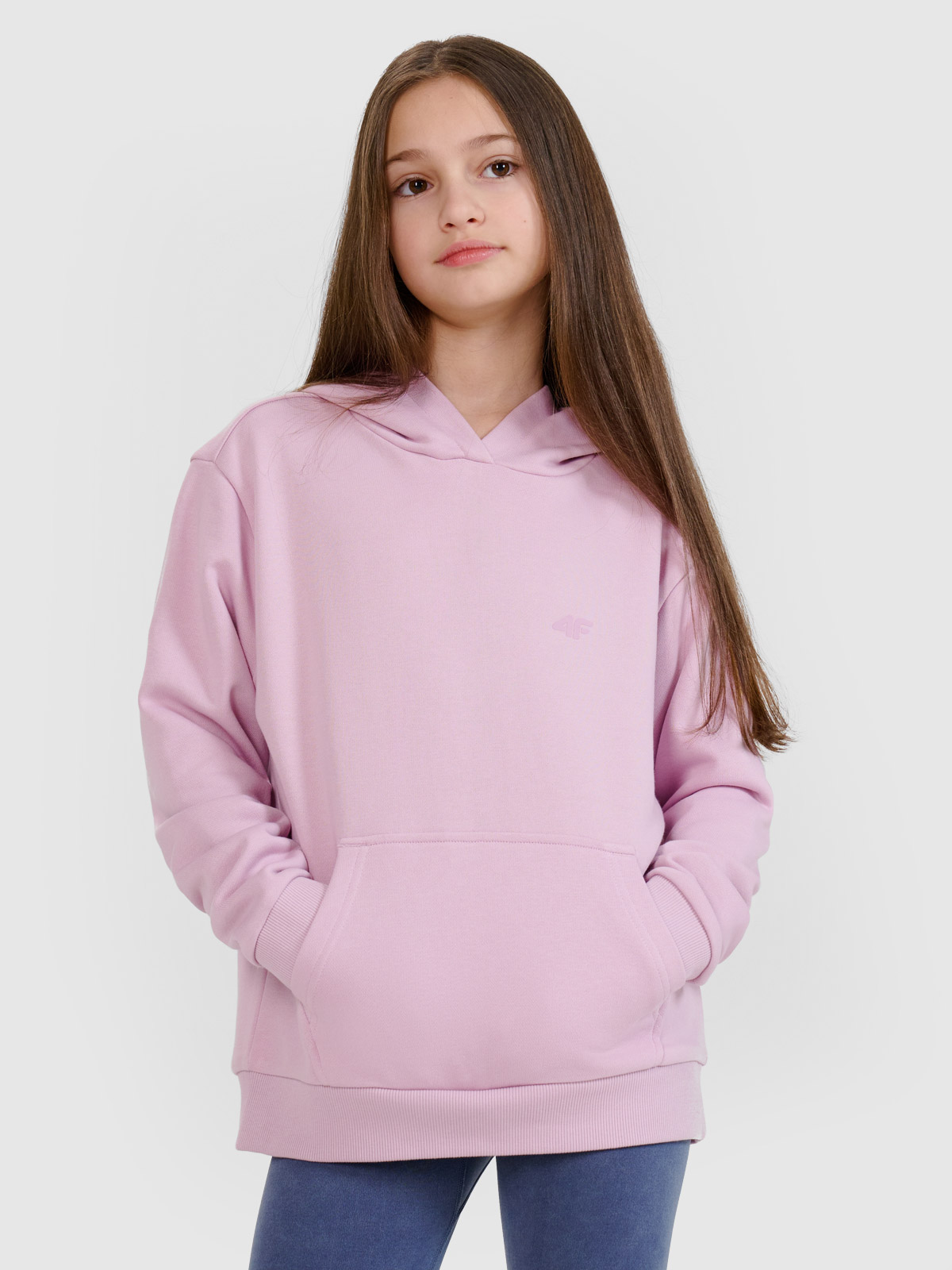 4F Bluza dresowa nierozpinana z kapturem dziewczęca - różowa 146 (10-11 lat)