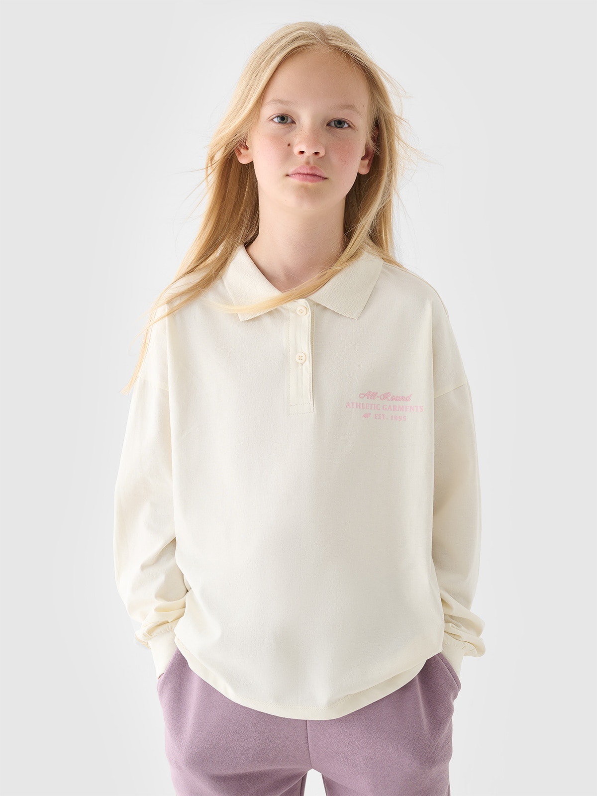 4F Longsleeve gładki dziewczęcy - biały 140 (9-10 lat)