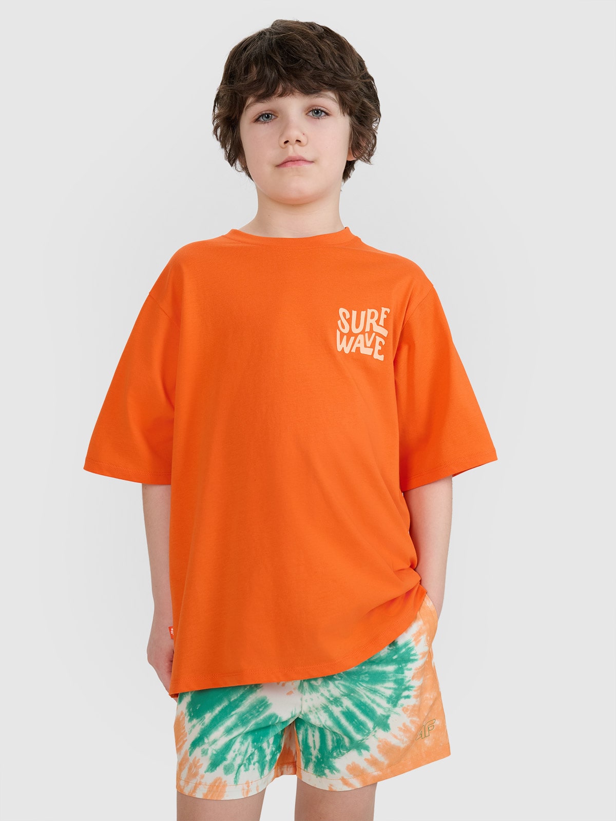 4F T-shirt oversize z nadrukiem chłopięcy - pomarańczowy 164 (13-14 lat)