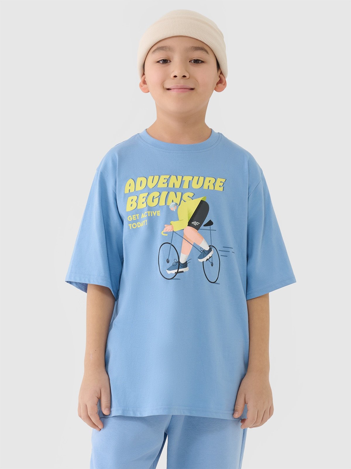 4F T-shirt oversize z nadrukiem chłopięcy - niebieski 152 (11-12 lat)