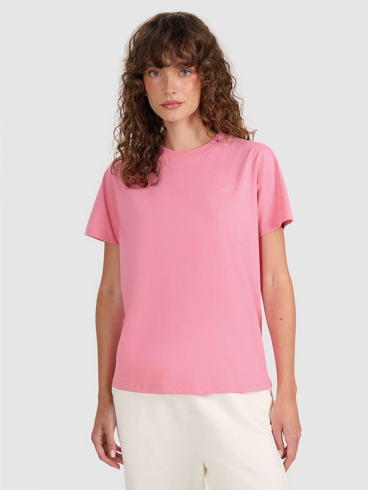 4F T-shirt regular gładki damski - różowy XS