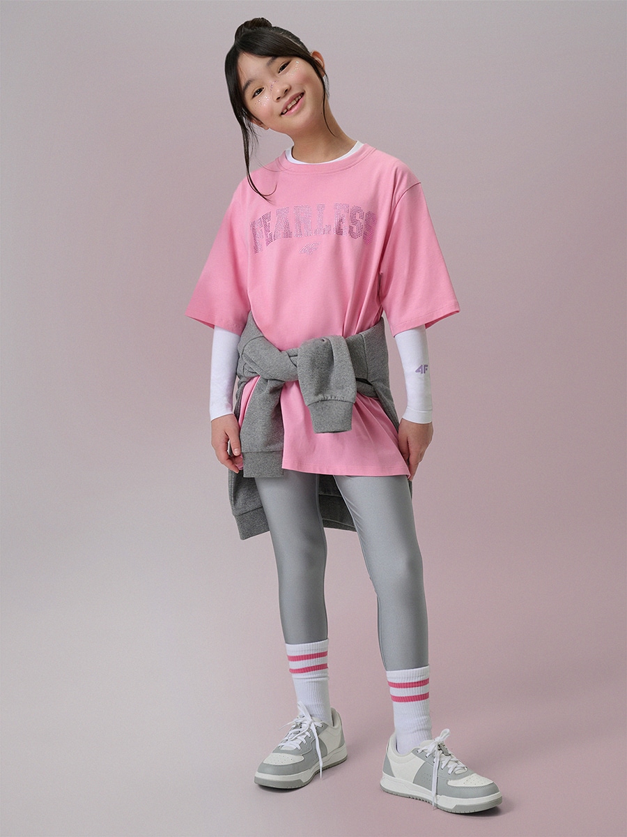 4F Legginsy dzianinowe z wysokim stanem dziewczęce - srebrne 134/140 (8-10 lat)