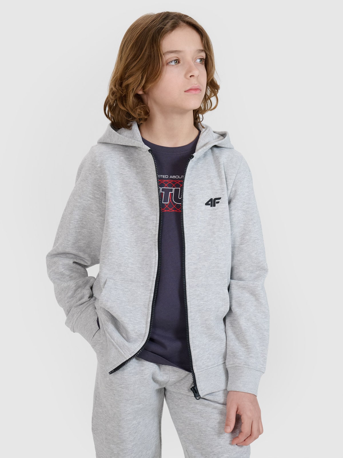 4F Bluza dresowa rozpinana z kapturem chłopięca - szara 140 (9-10 lat)