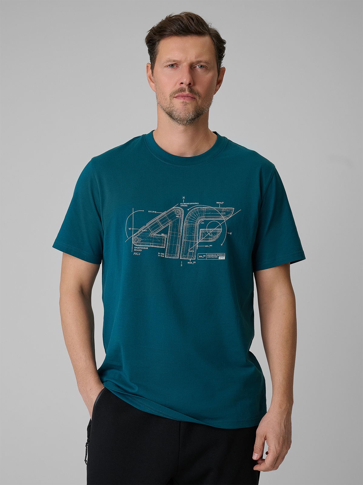 4F T-shirt regular z nadrukiem męski - turkusowy L