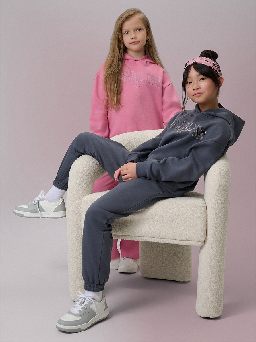 4F Bluza dresowa loose z kapturem dziewczęca - szara 122/128 (6-8 lat)