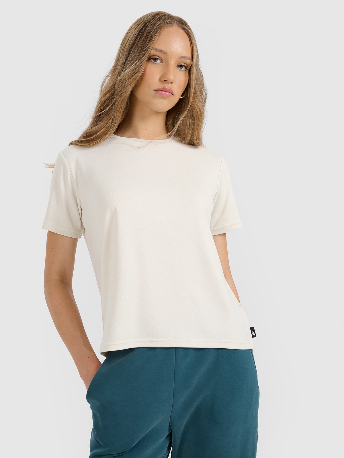 4F T-shirt z prążkowanej dzianiny z modalem damski - beżowy M