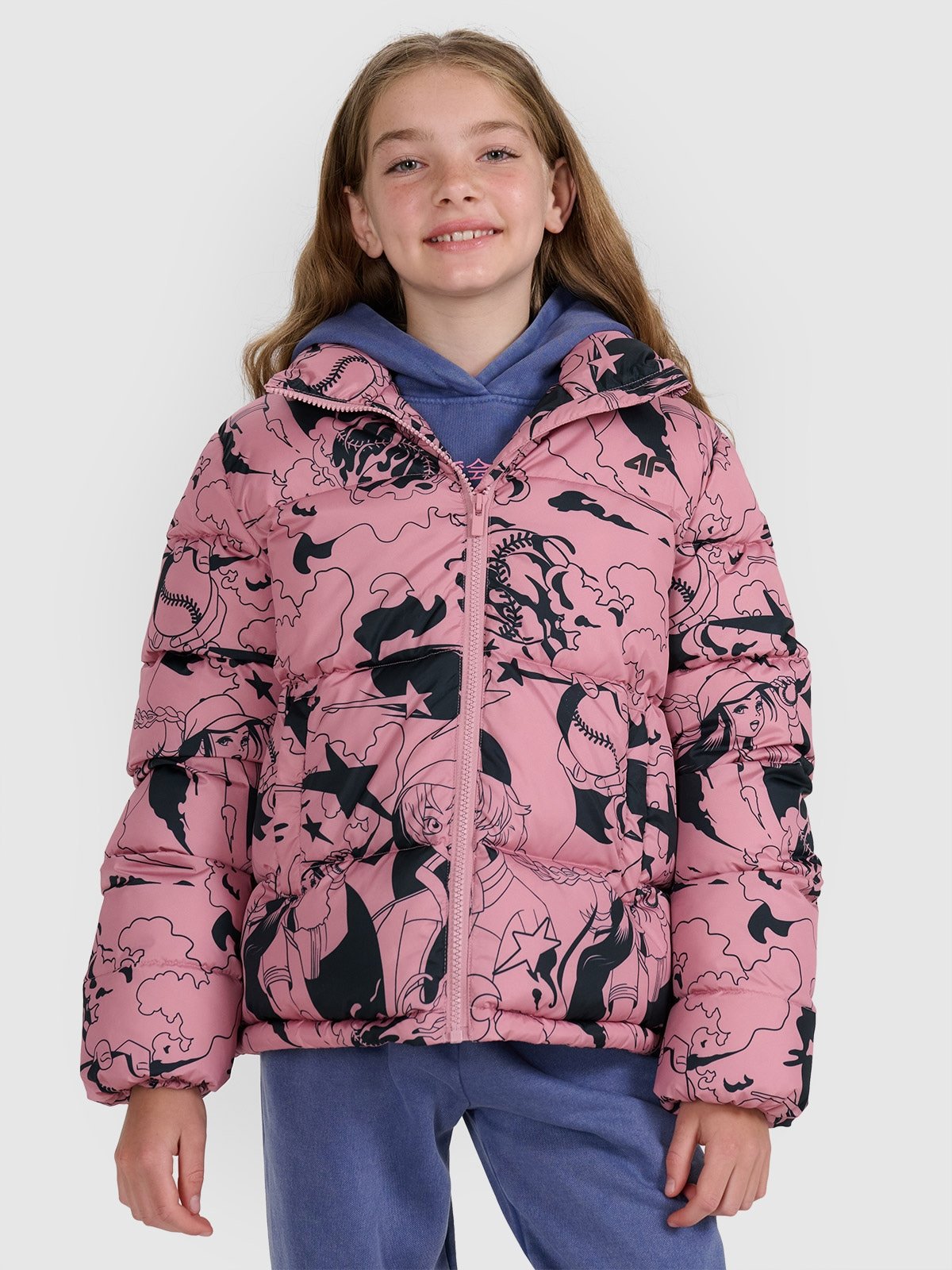 4F Kurtka puchowa z wypełnieniem syntetycznym dziewczęca - różowa 128 (7-8 lat)