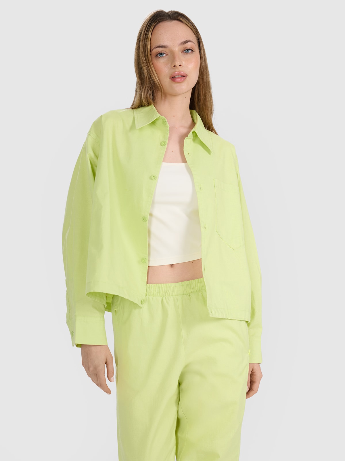 4F Koszula oversize z kołnierzykiem damska - żółta XS