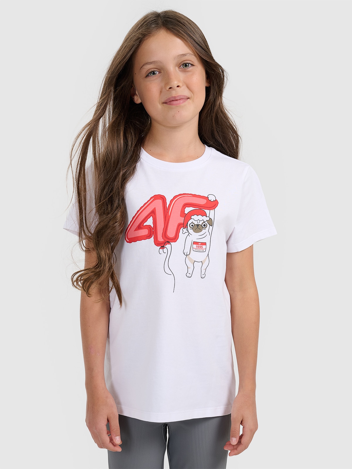 4F T-shirt regular z nadrukiem świątecznym dziewczęcy - biały 140 (9-10 lat)