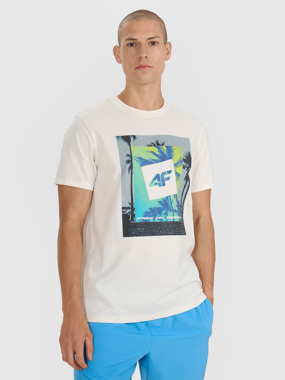 4F T-shirt regular z nadrukiem męski - beżowy L