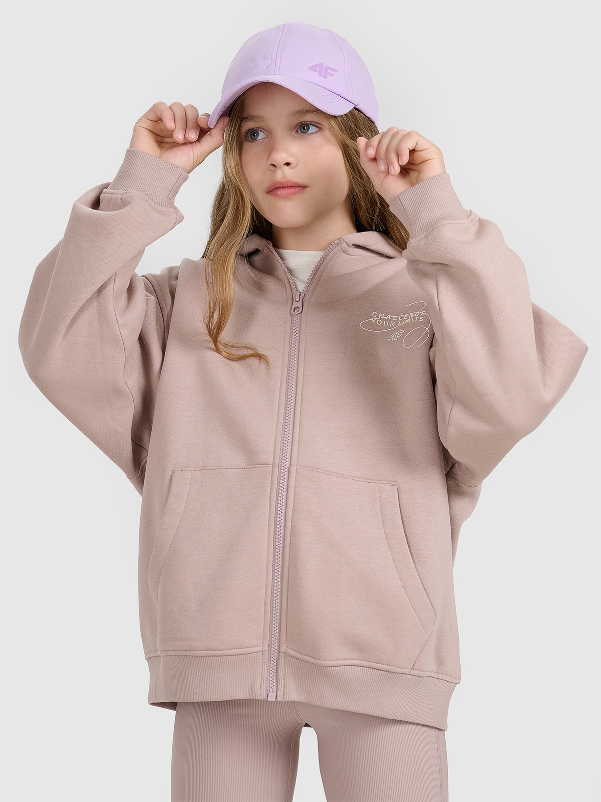 4F Bluza dresowa rozpinana z kapturem dziewczęca - beżowa 134 (8-9 lat)