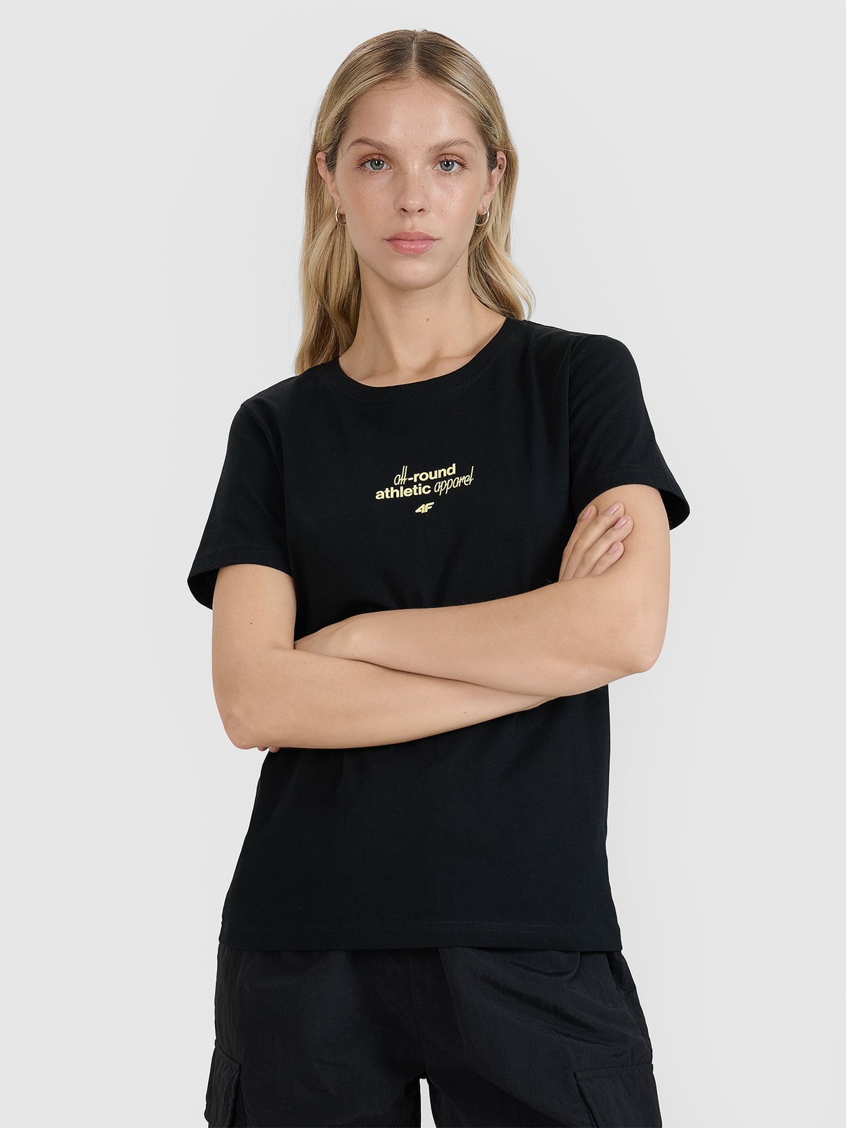 4F T-shirt regular z nadrukiem damski - czarny L