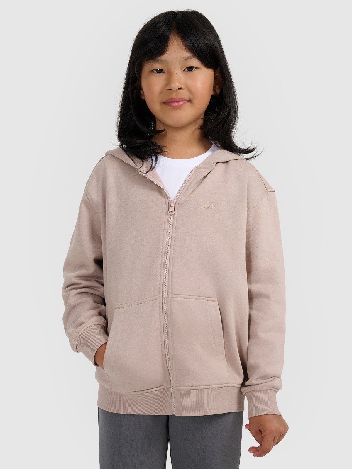 4F Bluza dresowa rozpinana z kapturem dziewczęca - beżowa 140 (9-10 lat)