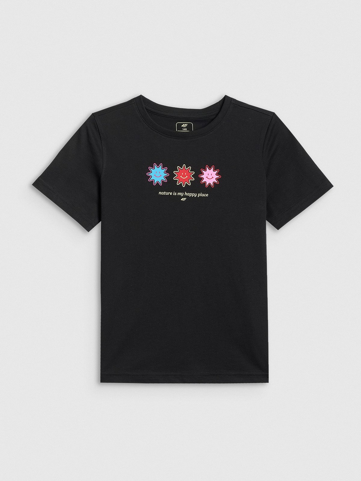 4F T-shirt regular z nadrukiem dziewczęcy - czarny 128 (7-8 lat)