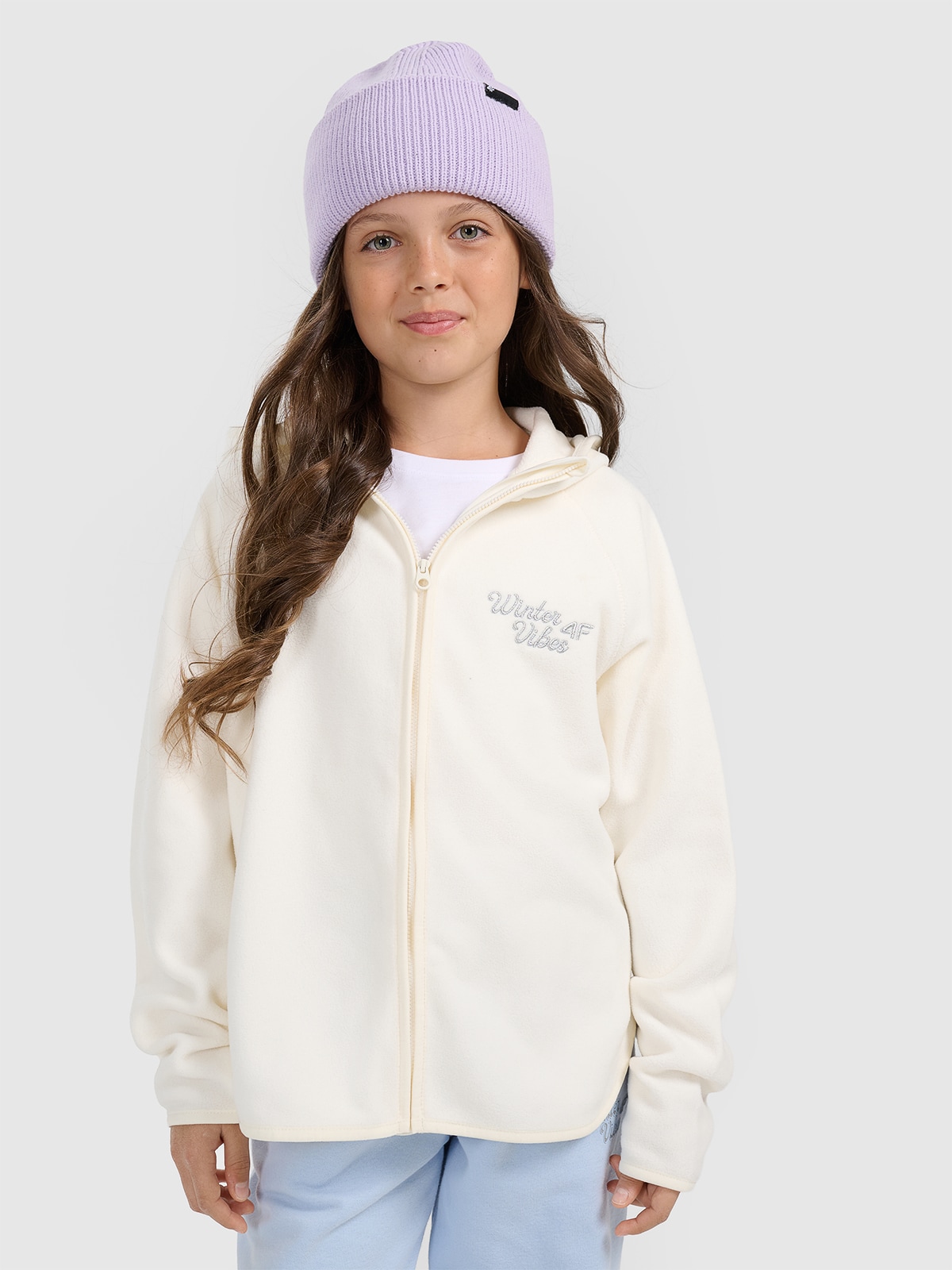 4F Polar loose z kapturem dziewczęcy - biały 140 (9-10 lat)