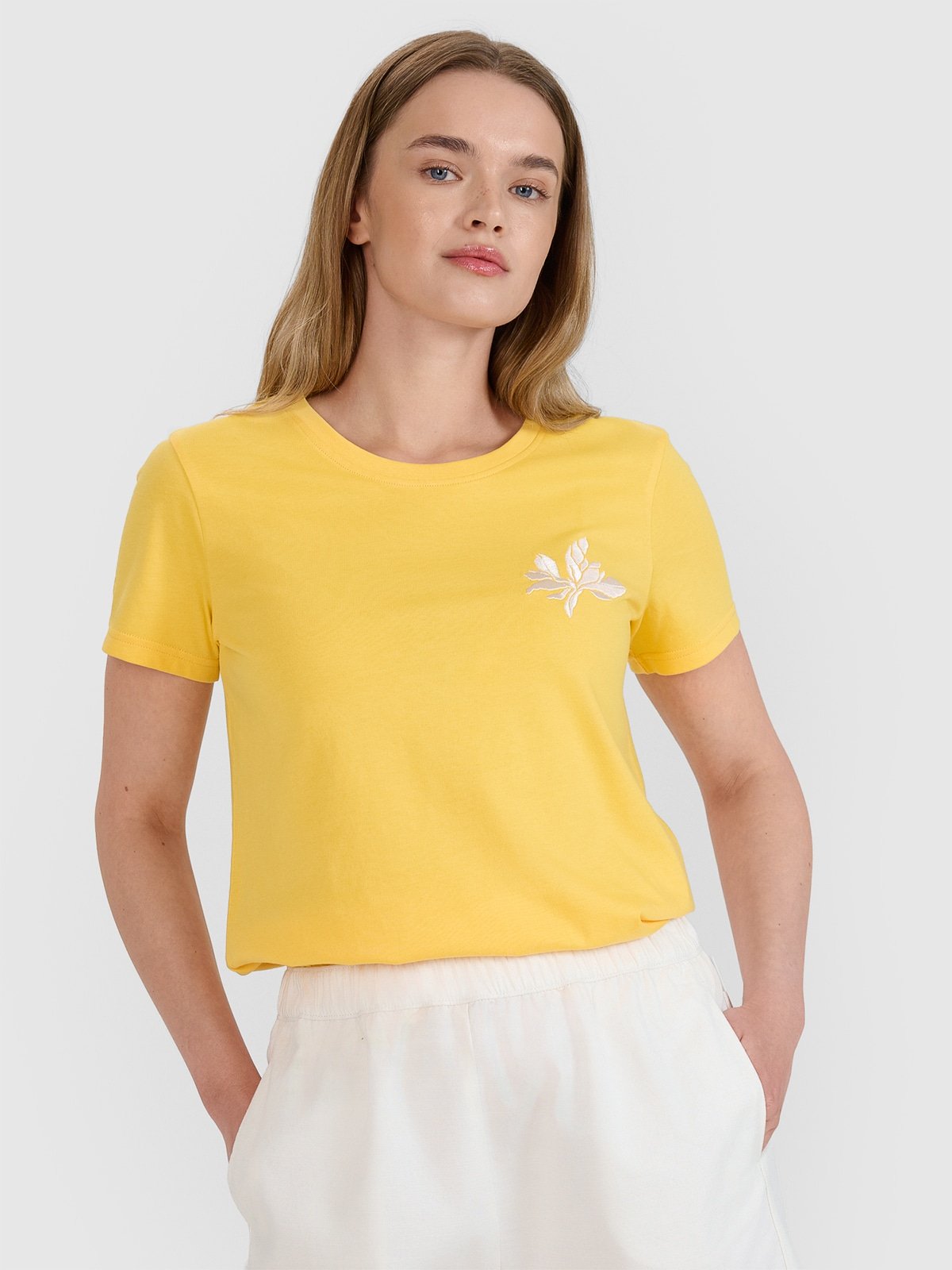 4F T-shirt regular z nadrukiem damski - żółty L