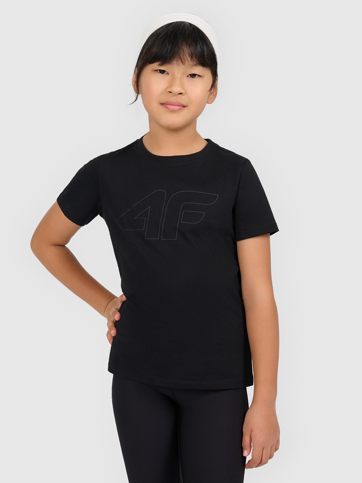 4F T-shirt oversize z nadrukiem dziewczęcy - czarny 128 (7-8 lat)