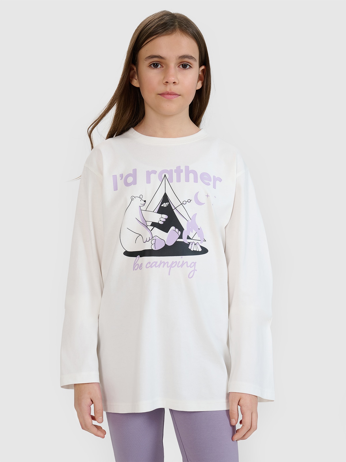 4F Longsleeve oversize z nadrukiem dziewczęcy - biały 146 (10-11 lat)