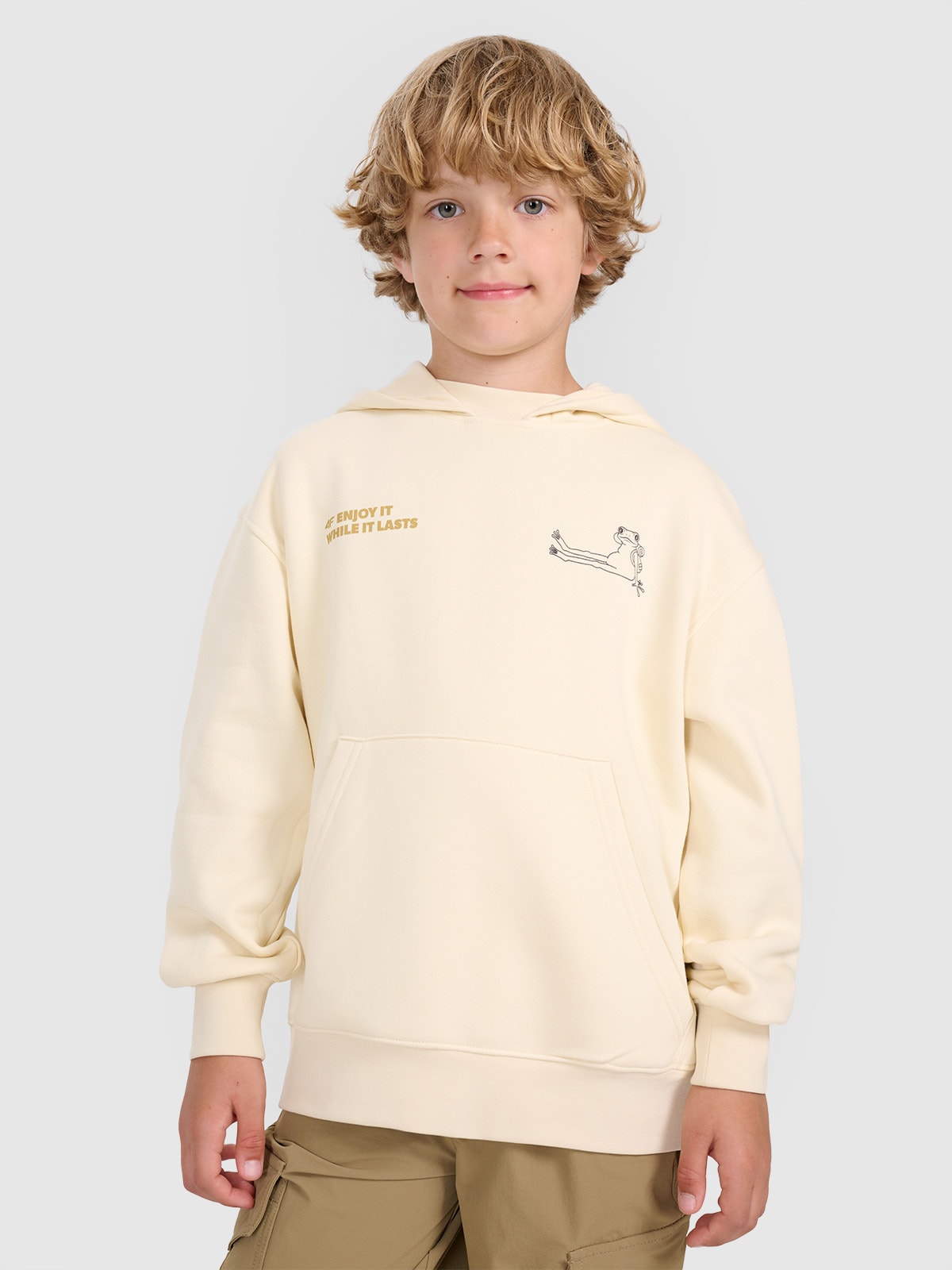 4F Bluza dresowa nierozpinana z kapturem chłopięca - beżowa 146 (10-11 lat)
