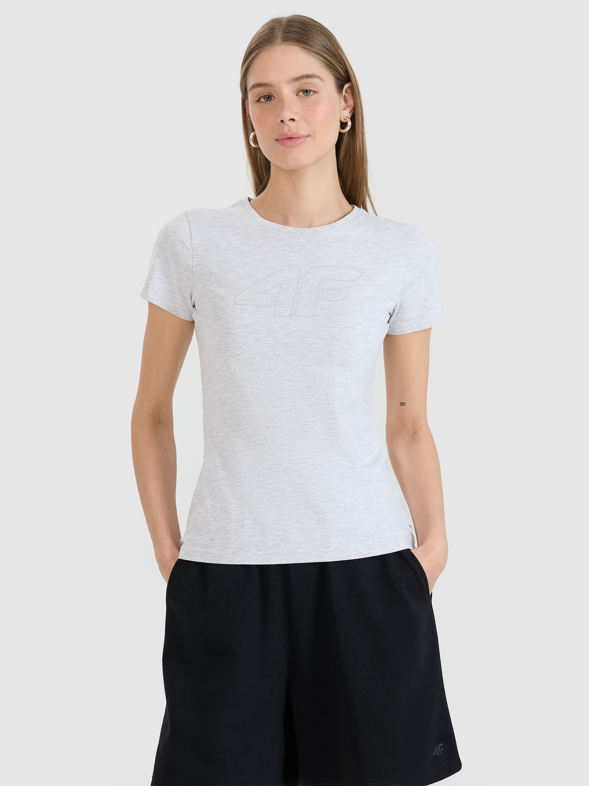 4F T-shirt slim z nadrukiem damski - szary XS