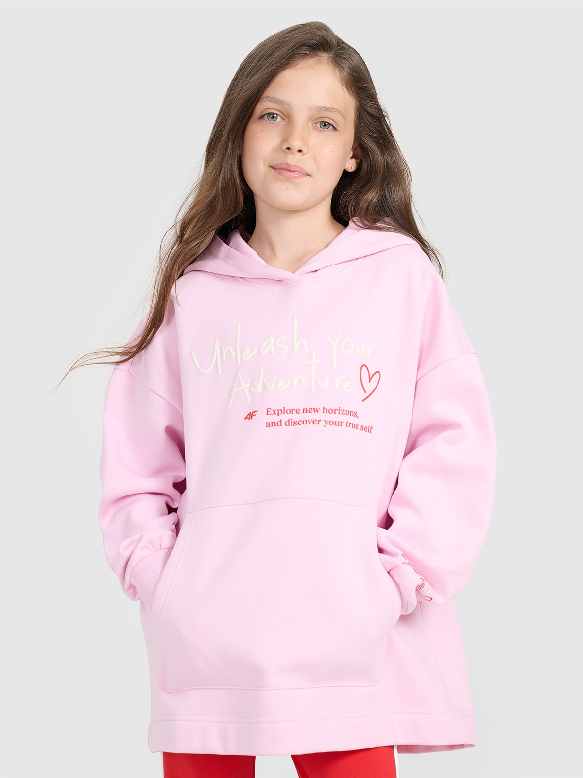 4F Bluza dresowa oversize nierozpinana z kapturem dziewczęca - różowa 128 (7-8 lat)