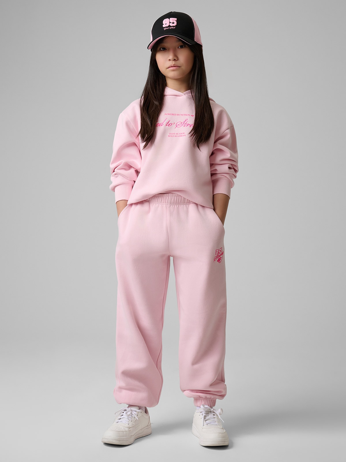 4F Bluza dresowa loose z kapturem dziewczęca - różowa 122/128 (6-8 lat)