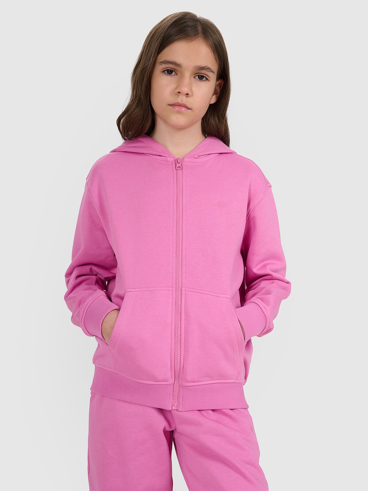 4F Bluza dresowa rozpinana z kapturem dziewczęca - różowa 122 (6-7 lat)