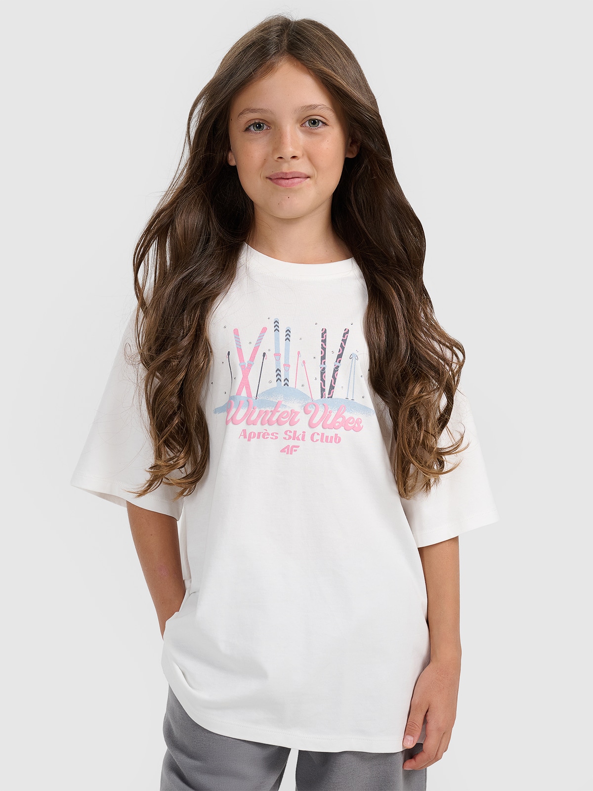 4F T-shirt loose z nadrukiem dziewczęcy - biały 158/164 (12-14 lat)
