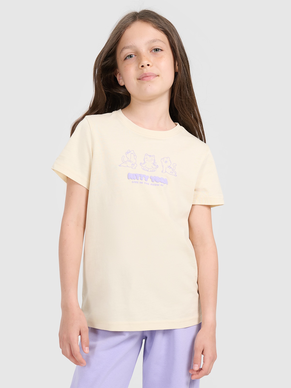 4F T-shirt regular z nadrukiem dziewczęcy - żółty 146 (10-11 lat)