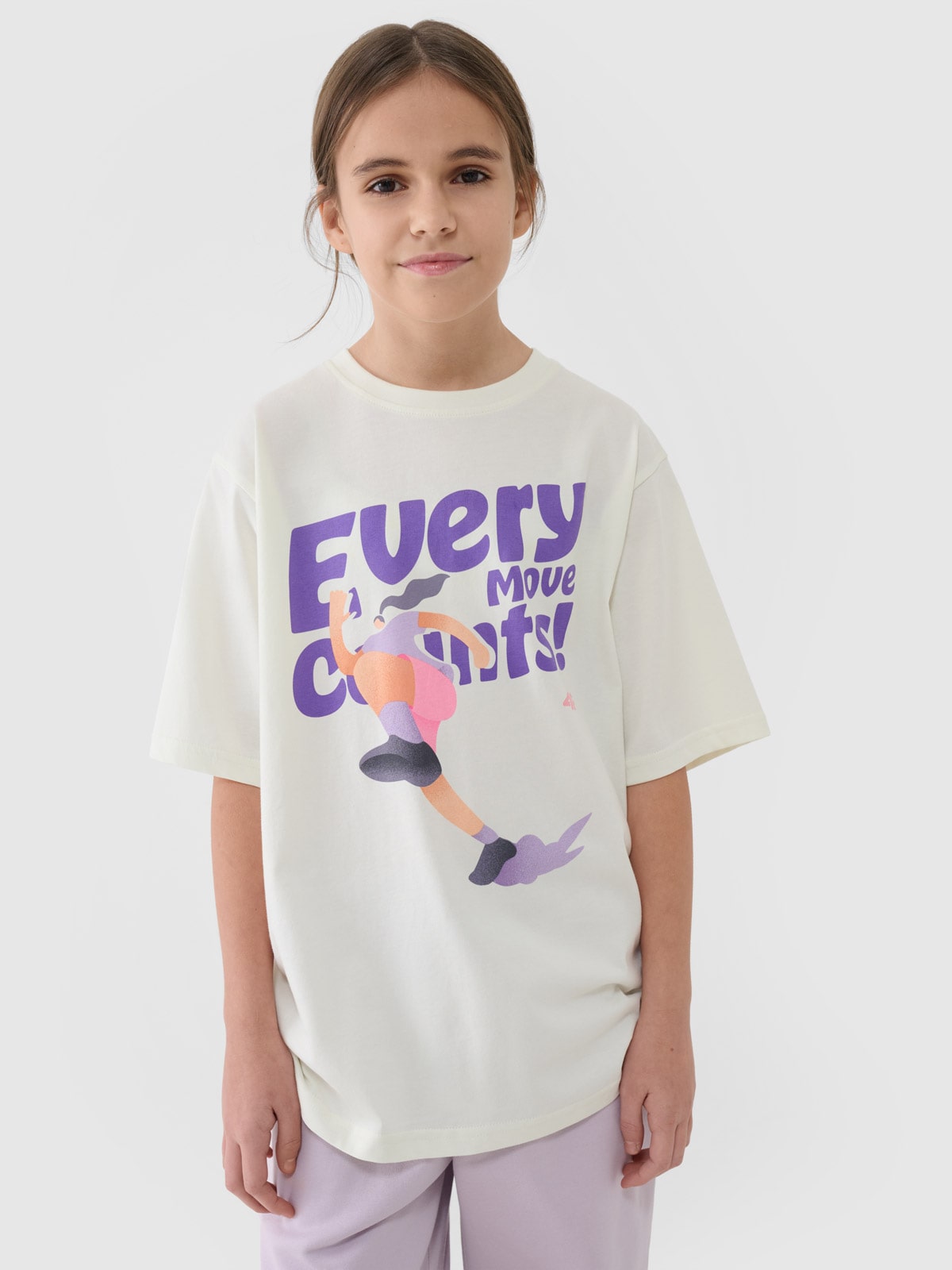 4F T-shirt oversize z nadrukiem dziewczęcy - biały 134 (8-9 lat)