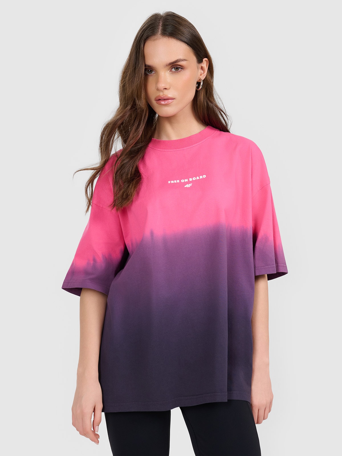 4F T-shirt loose z nadrukiem damski - różowy L