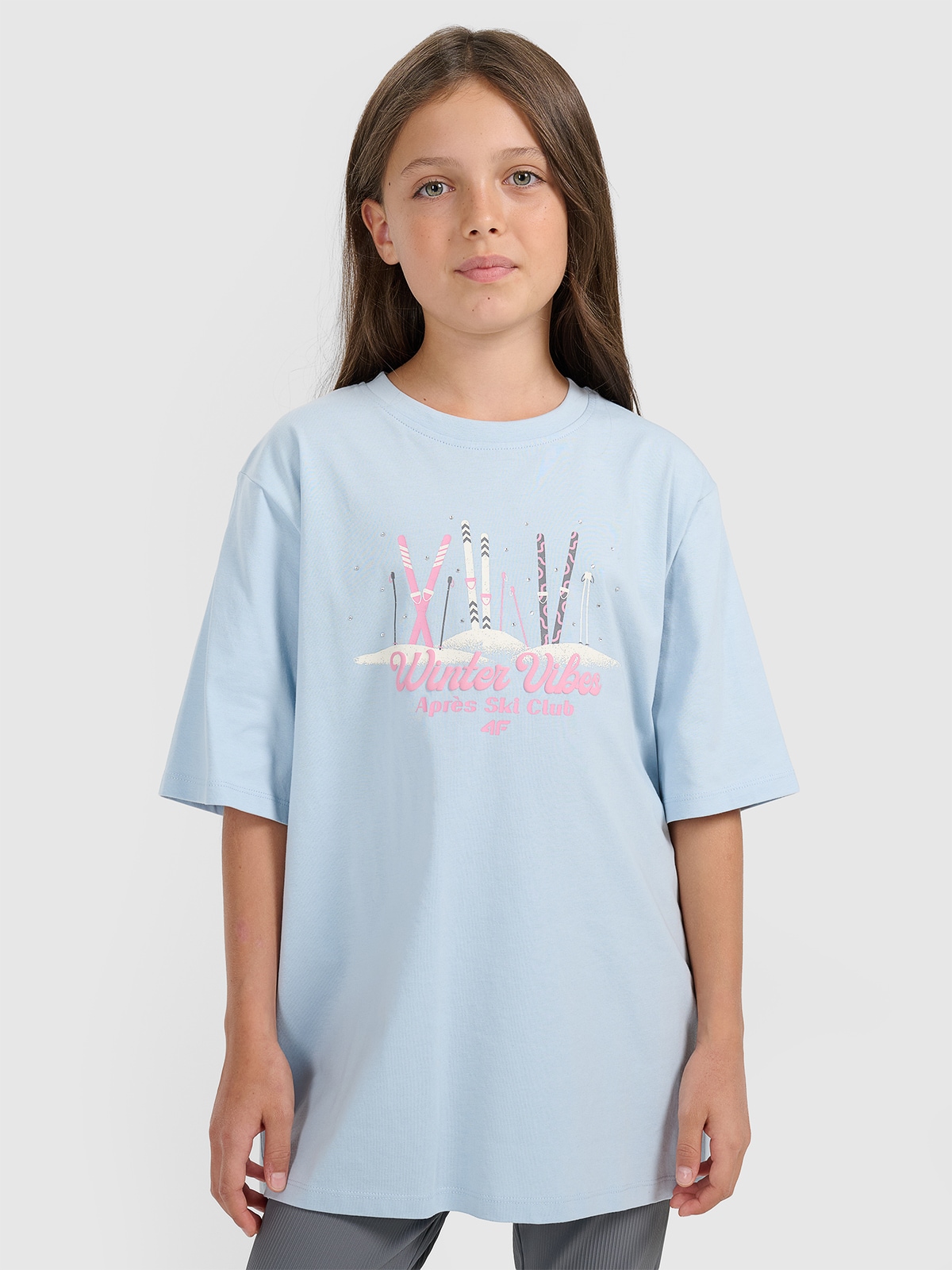 4F T-shirt loose z nadrukiem dziewczęcy - niebieski 158/164 (12-14 lat)