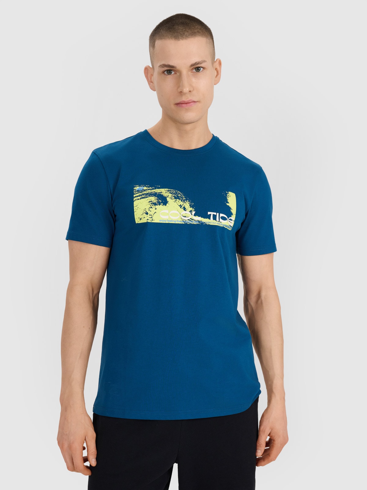 4F T-shirt regular z nadrukiem męski - turkusowy S