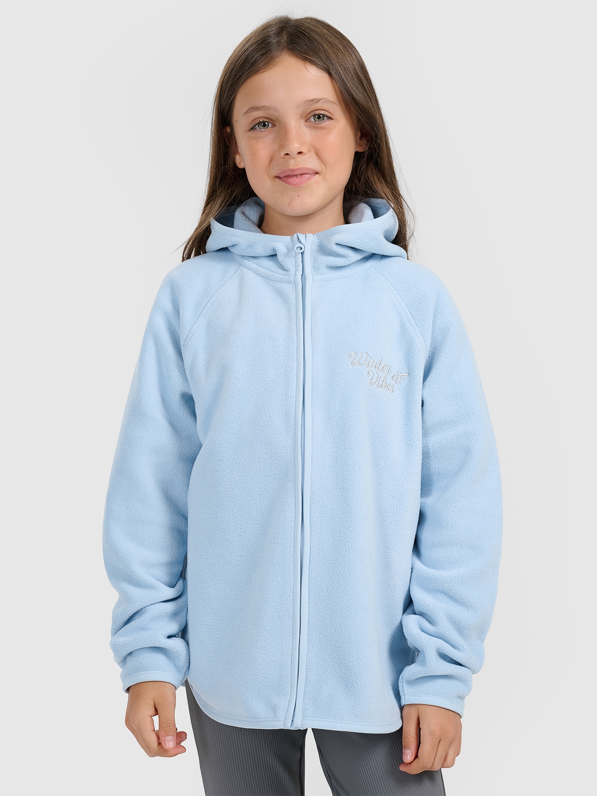 4F Polar loose z kapturem dziewczęcy - niebieski 128 (7-8 lat)