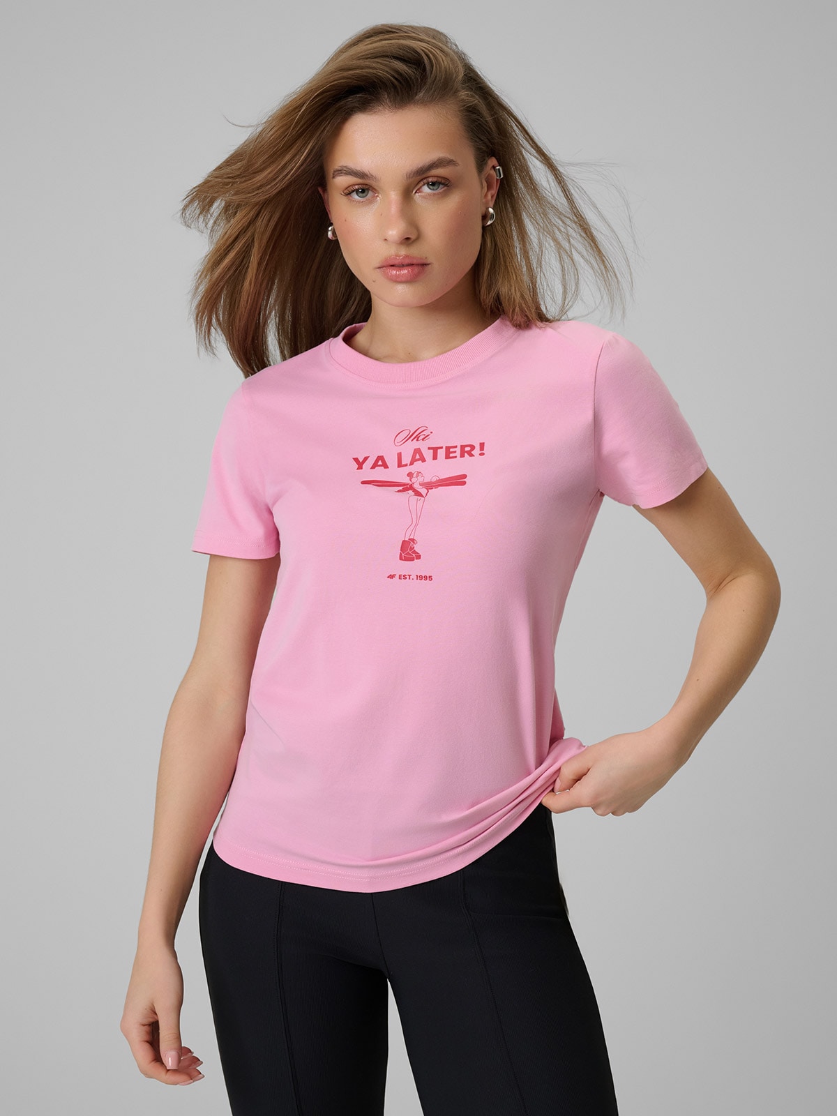 4F T-shirt regular z nadrukiem damski - różowy M