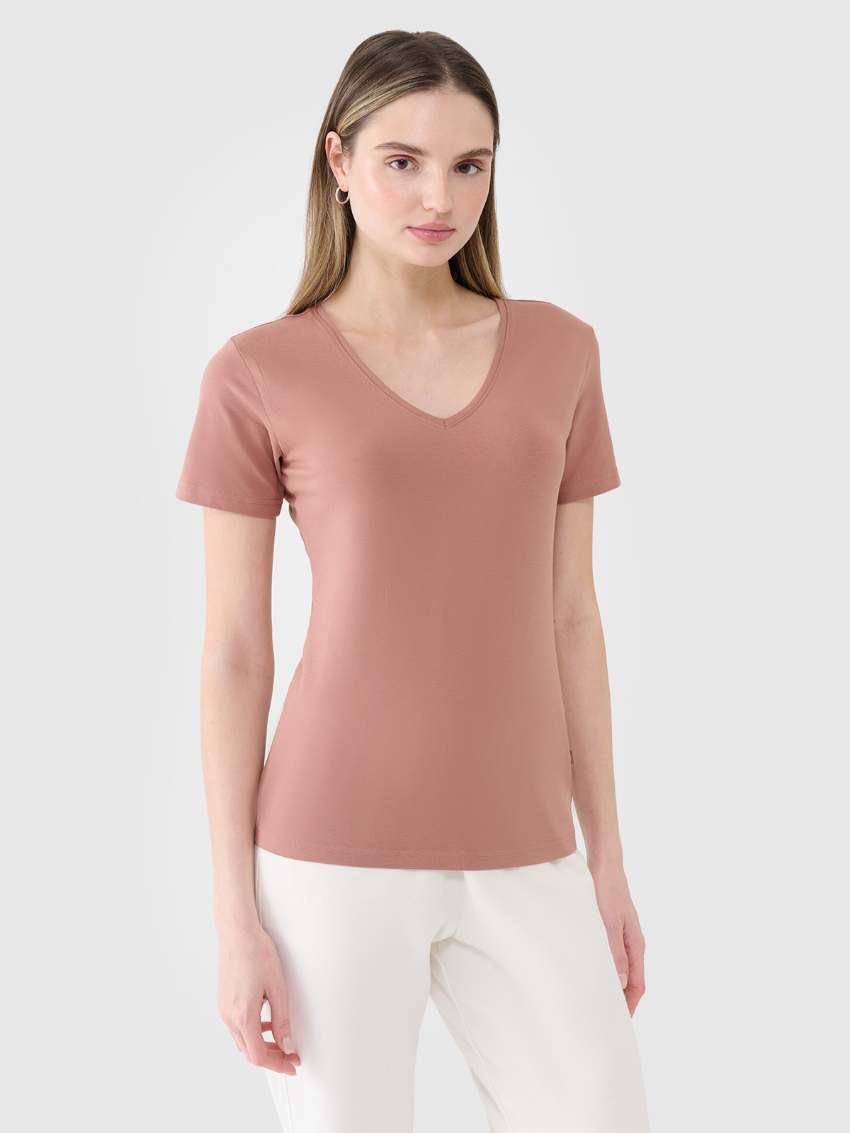 4F T-shirt slim gładki damski - brązowy S