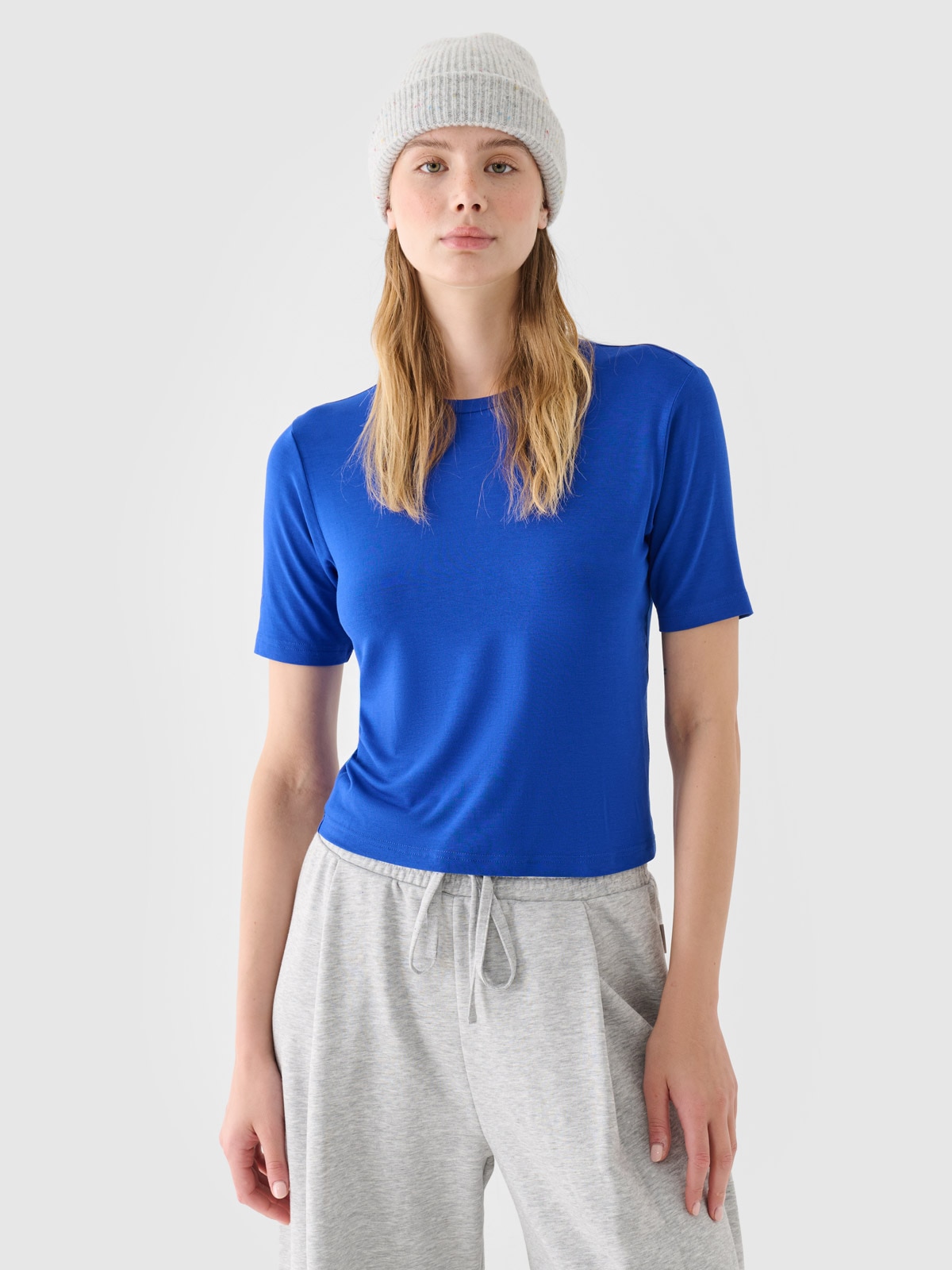 4F T-shirt slim gładki damski - niebieski XS