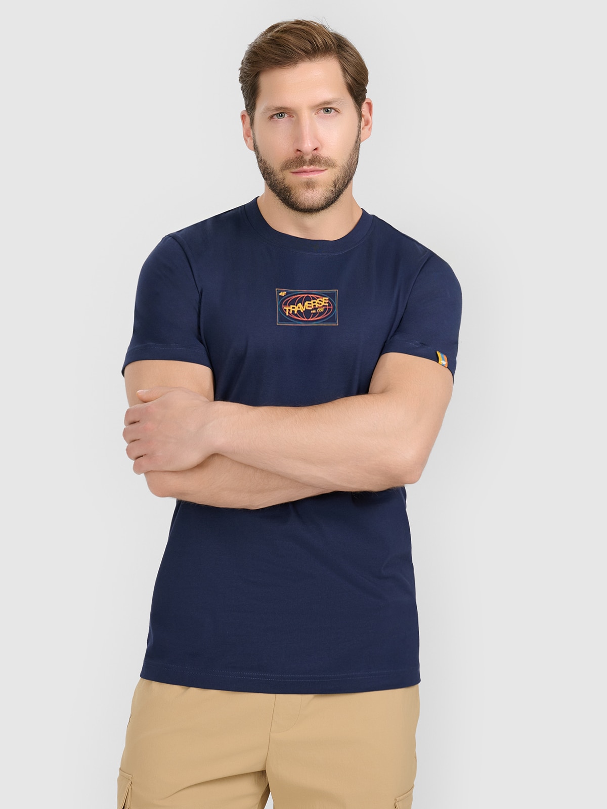 4F T-shirt regular z nadrukiem męski - granatowy S