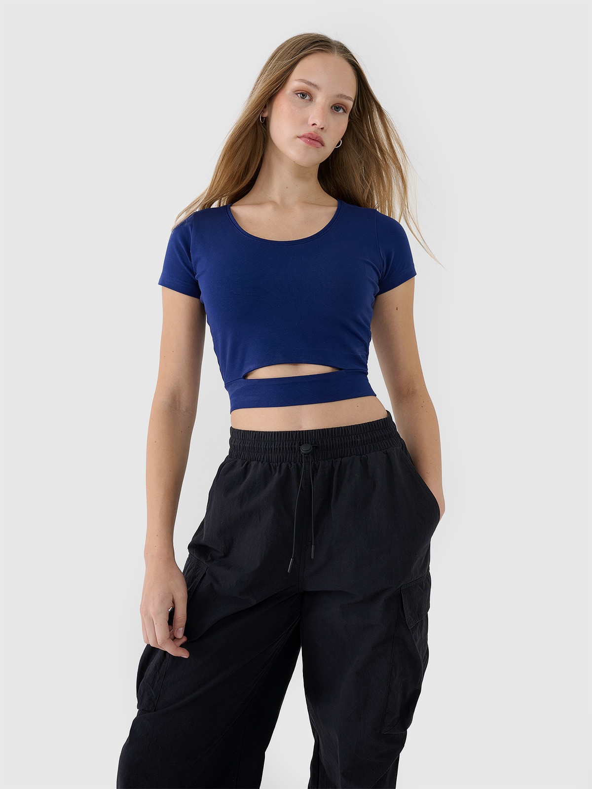 4F T-shirt crop top gładki damski - granatowy XL