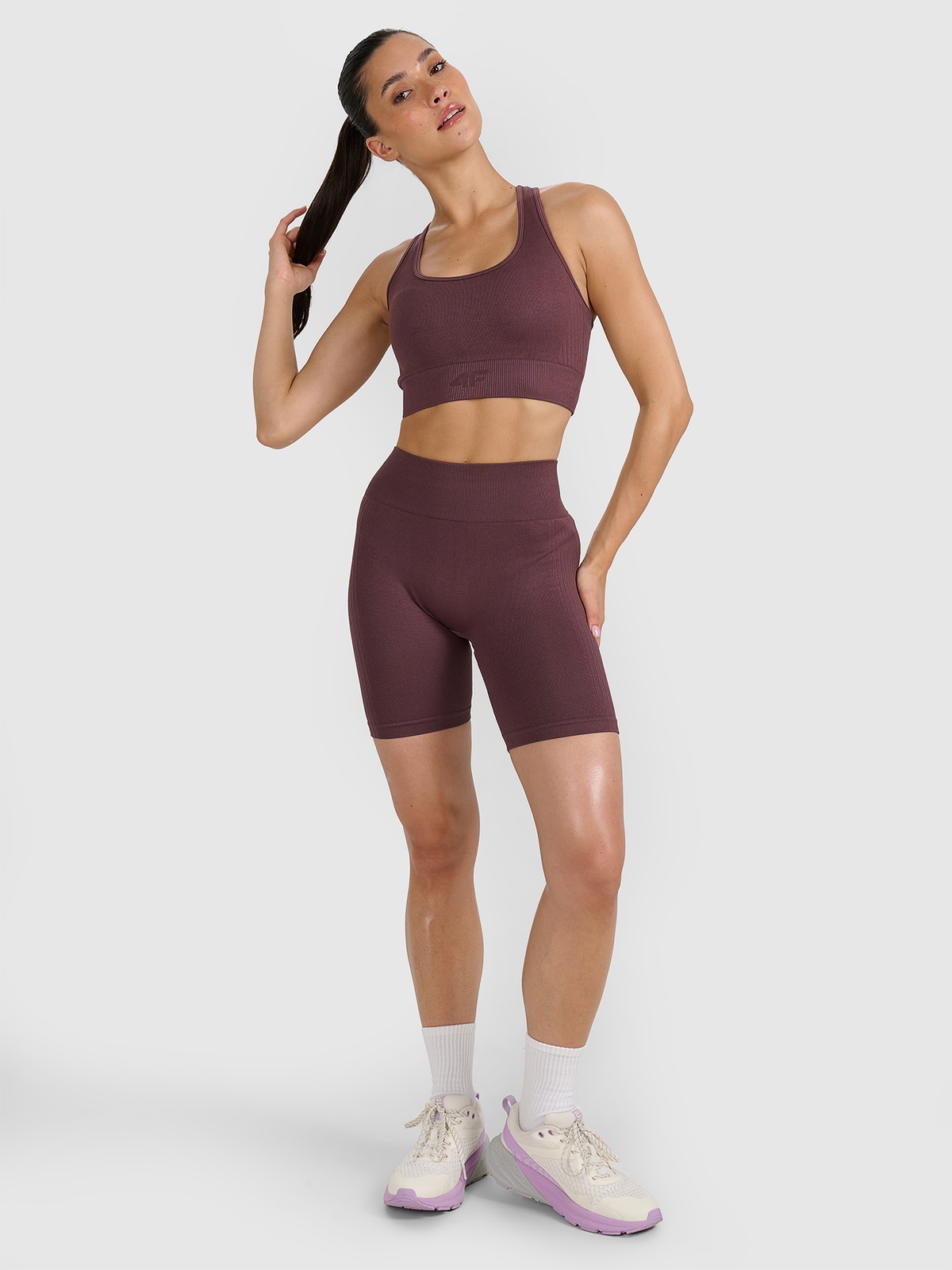 4F Legginsy kolarki treningowe bezszwowe damskie - brązowe XS/S