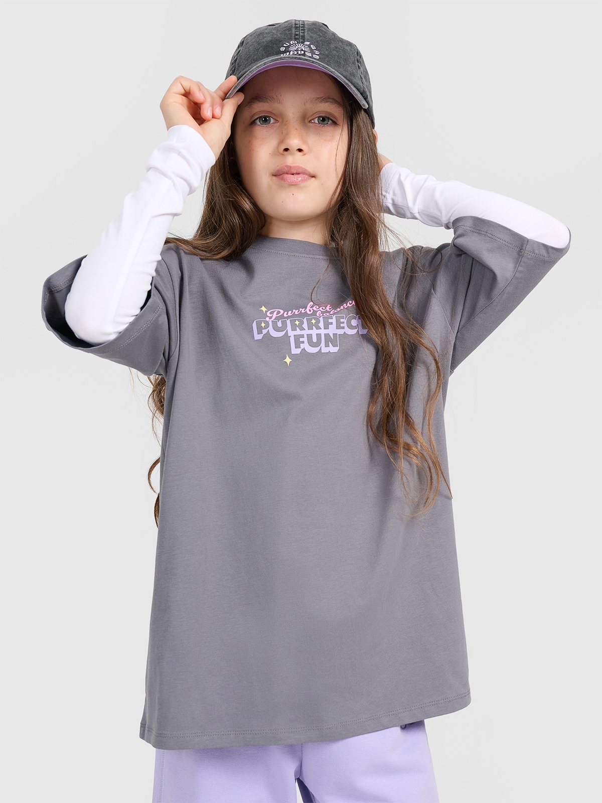 4F T-shirt oversize z nadrukiem dziewczęcy - szary 164 (13-14 lat)