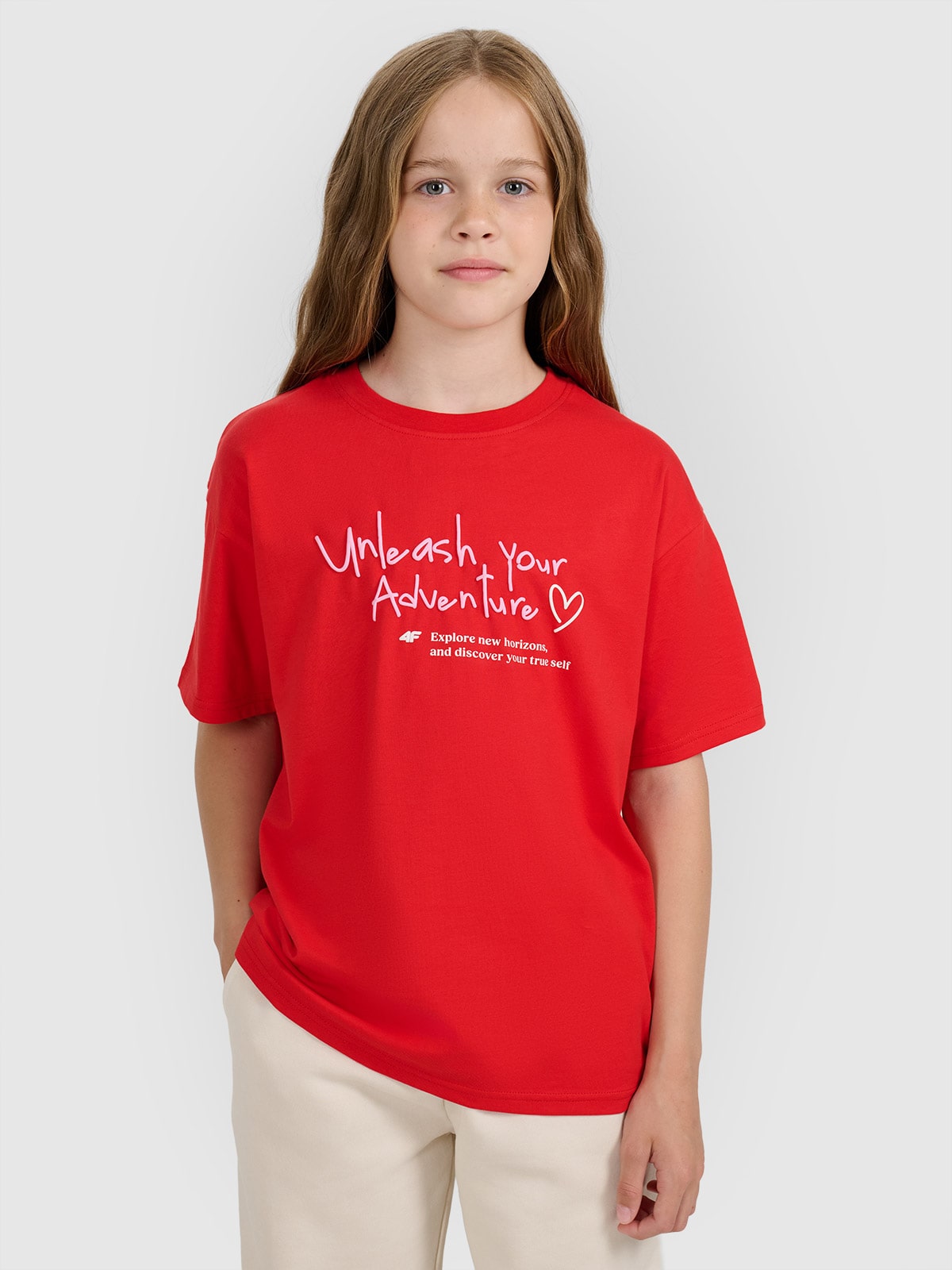 4F T-shirt regular z nadrukiem dziewczęcy - czerwony 128 (7-8 lat)