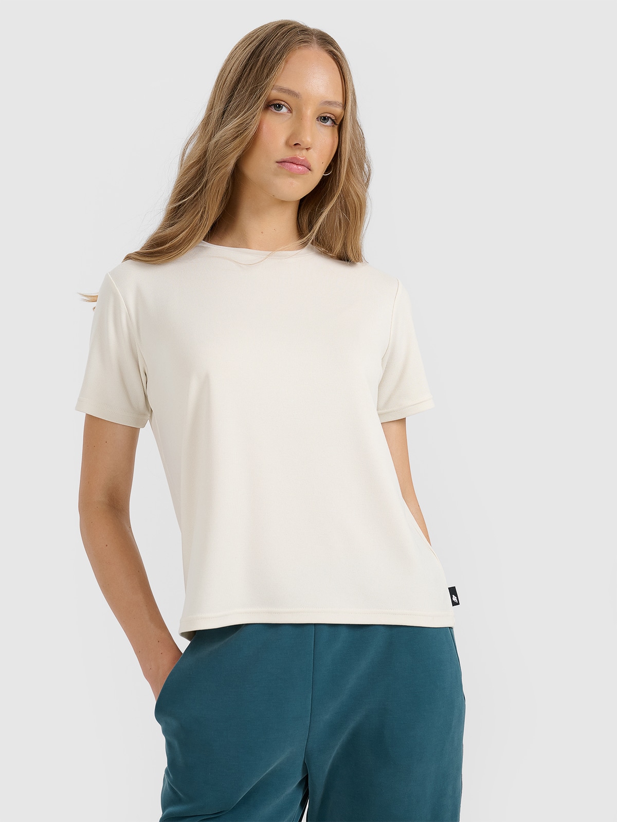 4F T-shirt z prążkowanej dzianiny z modalem damski - beżowy L