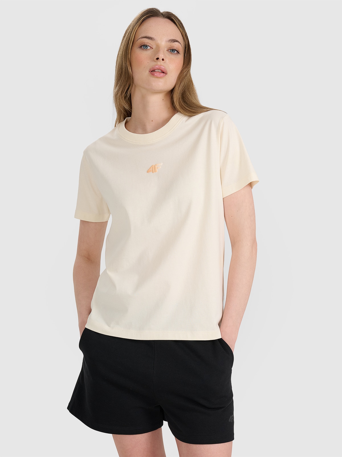 4F T-shirt oversize z nadrukiem damski - beżowy L